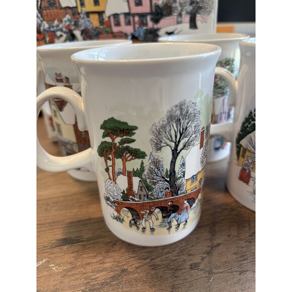 DUNOON 4 Christmas Mugs Scotland Victorian Prints w/ Box Fine White bone china - Picture 4 of 16
